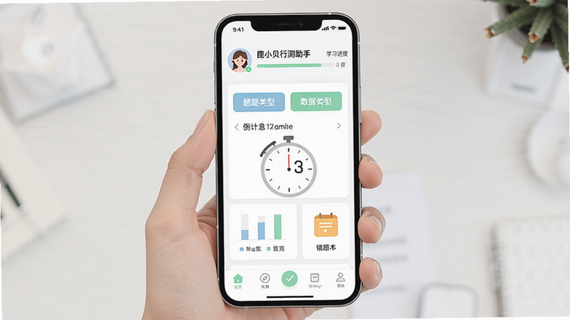 主体为鹿小贝行测助手手机应用界面,布局清晰,顶部显示用户头像与学习进度,中部为核心刷题区域,包含题目类型选择与倒计时,底部为导航栏,风格为清新简约的扁平化设计,细节处体现数据图表与错题本图标,画质高清,干净无多余元素
