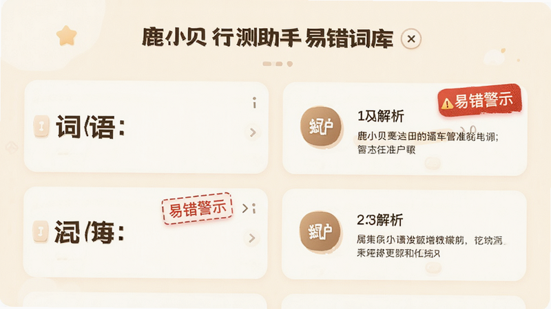 主体为鹿小贝行测助手易错词库页面,布局为卡片式展示,左侧为词语,右侧为解析图标,风格暖色调护眼设计,细节包含“易错警示”红色标记,画质细腻,干净无多余元素
