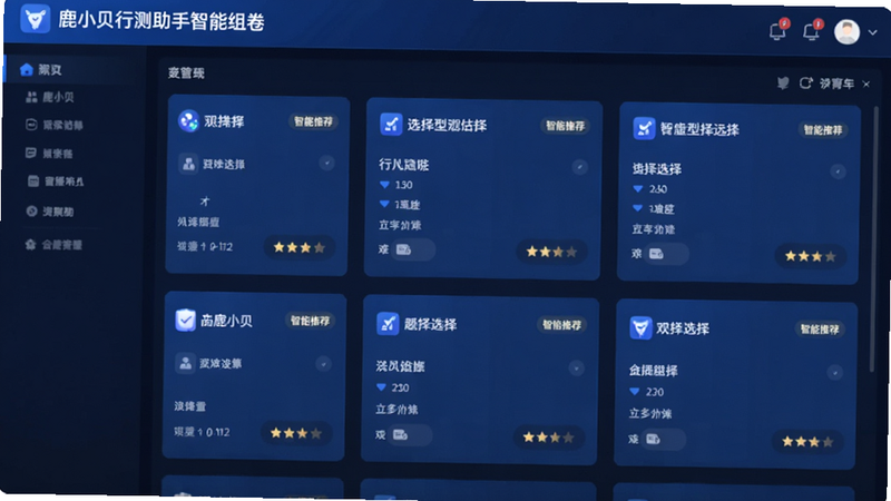主体为鹿小贝行测助手智能组卷界面,布局呈现列表形式,显示不同题型的选择题卡片,风格科技感蓝色调,细节包含“智能推荐”标签与难度星级,画质清晰,干净无多余元素