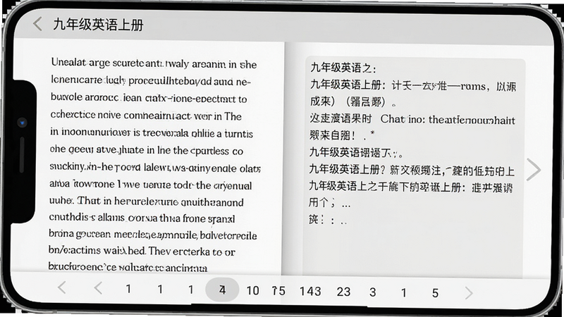 手机界面展示教材内页,左侧为英文课文,右侧为中文注释,字体清晰易读,背景为浅灰色护眼模式,顶部有“九年级英语上册”标题栏,底部有页码导航条,整体布局工整,UI设计简约,高分辨率,无噪点