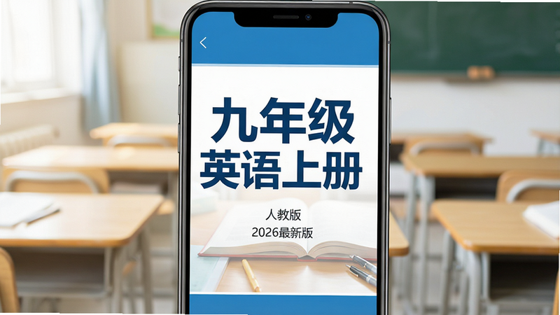 一张高清手机屏幕截图,显示九年级英语上册教材封面,界面简洁现代,主色调为蓝白配色,屏幕中央清晰展示“九年级英语上册”大字标题,下方有“人教版”、“2026最新版”字样,背景为柔和的教室书桌场景,光线明亮,画质清晰,无多余水印,风格扁平化