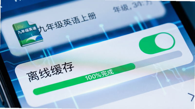 手机设置界面特写,显示“离线缓存”开关已打开,进度条显示100%完成,旁边有“九年级英语上册”文件名图标,背景模糊处理,突出前景操作,风格科技感强,蓝色光效点缀,细节丰富,干净利落