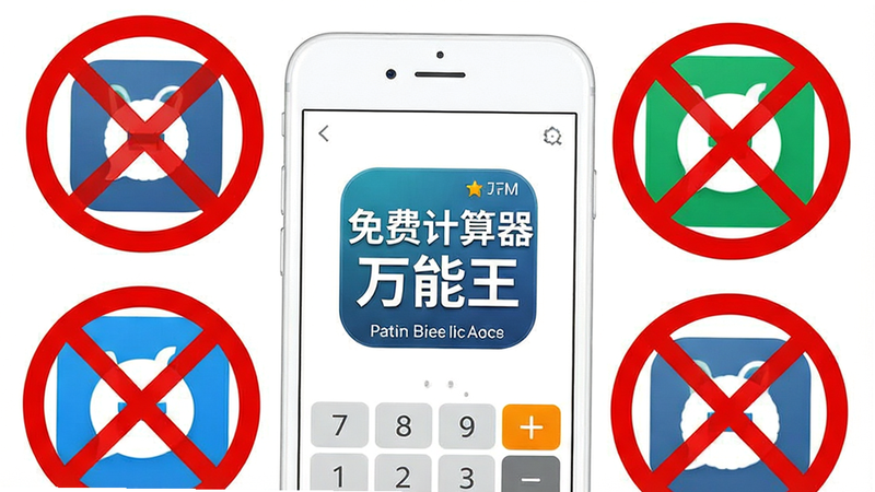 生成一张展示应用纯净性的概念图,主体为一部白色智能手机,屏幕上显示“免费计算器万能王”的logo,周围环绕着被禁止符号遮挡的广告图标,象征无广告。布局中心突出手机屏幕,背景为纯白,风格清新,细节展示禁止符号的红色线条,画质干净,无多余元素,文字“免费计算器万能王”清晰
