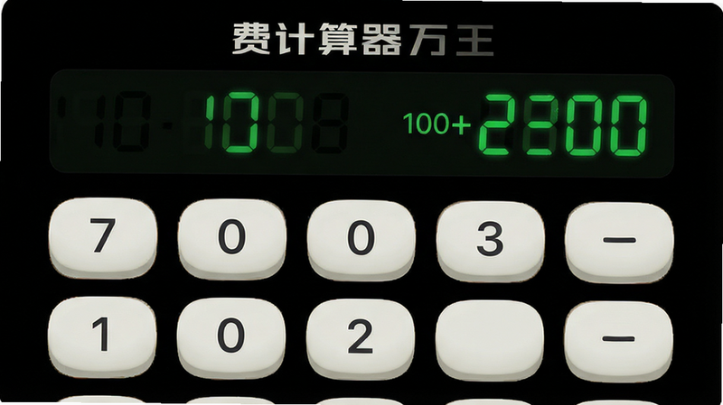 生成一张主题切换演示图,主体为“免费计算器万能王”的深色模式界面,背景为深黑色,按键为柔和的灰白色,屏幕显示绿色数字。布局简洁,风格护眼舒适,细节展示按键的圆角弧度,画质细腻,无多余元素,文字“100+200”清晰
