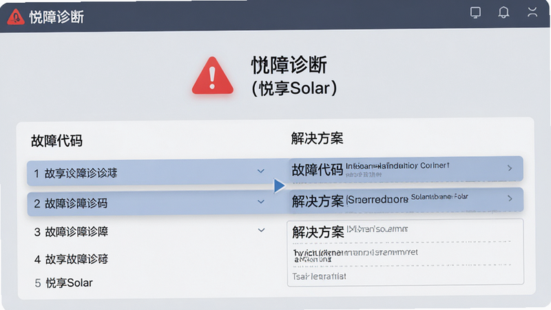 主体为悦享Solar故障诊断界面,布局上方显示红色警示图标,下方为故障代码列表及解决方案文本框,背景为柔和的浅灰色,排版清晰易读,风格专业严谨,细节体现列表项的悬停高亮效果,画质清晰,干净,文字包含