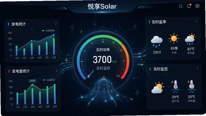 主体为悦享Solar APP界面全景展示,布局采用深色科技风背景,中心显示实时功率仪表盘,周围环绕发电量统计图表和天气图标,排版整洁有序,风格现代简约,细节处体现数据流动的光效,画质清晰高清,干净无多余元素,文字包含