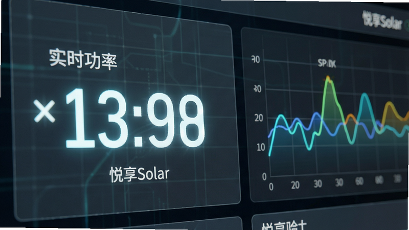 主体为悦享Solar实时数据界面特写,布局左侧为大号数字显示当前功率,右侧为动态波形图,背景为半透明科技感网格,排版紧凑,风格极简主义,细节突出数字的发光效果,画质细腻,干净,文字包含