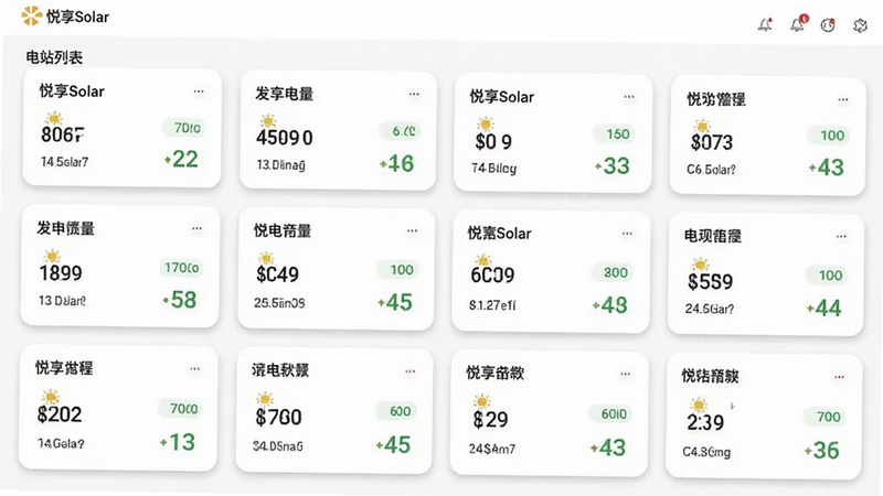 主体为悦享Solar多电站管理界面,布局为卡片式网格,每张卡片显示不同电站的名称、发电量和状态图标,背景为白色,排版整齐,风格扁平化,细节体现卡片阴影和圆角设计,画质清晰,干净,文字包含