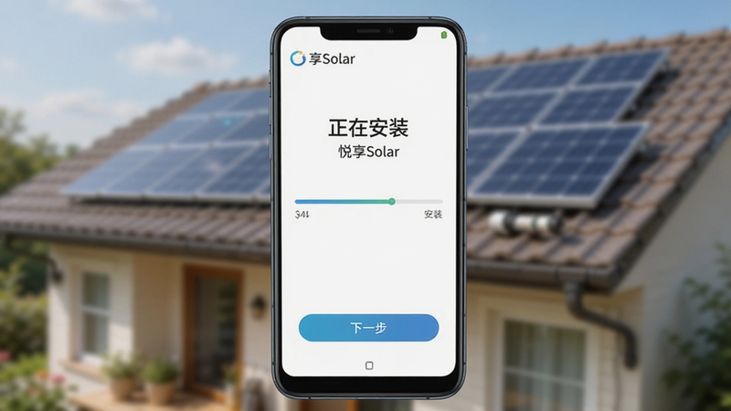 主体为悦享Solar安卓手机安装界面示意图,布局为手机屏幕居中,背景为模糊的家庭屋顶光伏场景,排版简洁,风格写实与科技结合,细节体现安装进度条和“下一步”按钮,画质清晰,干净,文字包含