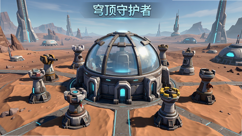 主体为游戏《穹顶守护者》的主界面截图,布局为中心穹顶建筑,周围环绕着不同类型的防御塔,背景是科幻风格的荒原,排版整洁,风格为现代3D渲染,细节丰富,画质高清,干净,无多余元素