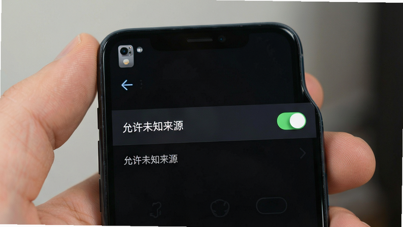 主体为手机安装设置界面,显示“允许未知来源”开关被打开,布局简洁,风格为系统设置UI,细节显示手机型号图标,画质清晰,干净,无多余元素