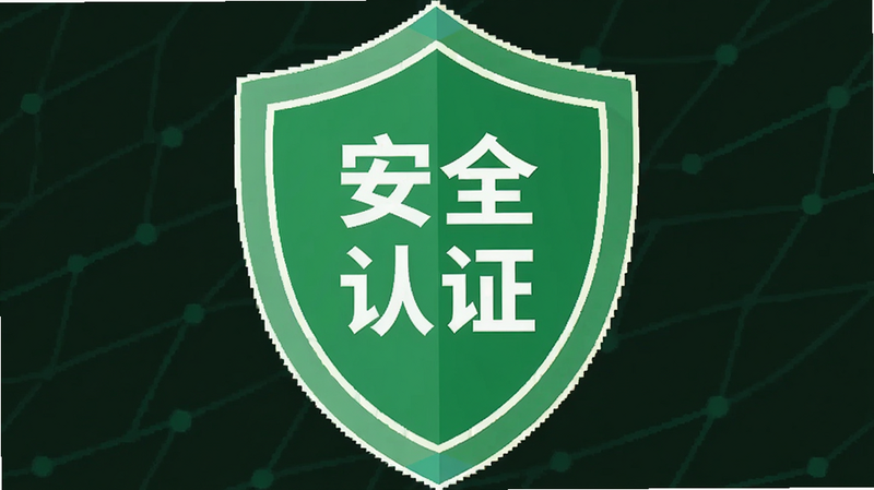 主体为绿色安全盾牌图标,中间显示“安全认证”字样,布局中心突出,风格为扁平化设计,细节展示认证徽章,画质高,干净,无多余元素
