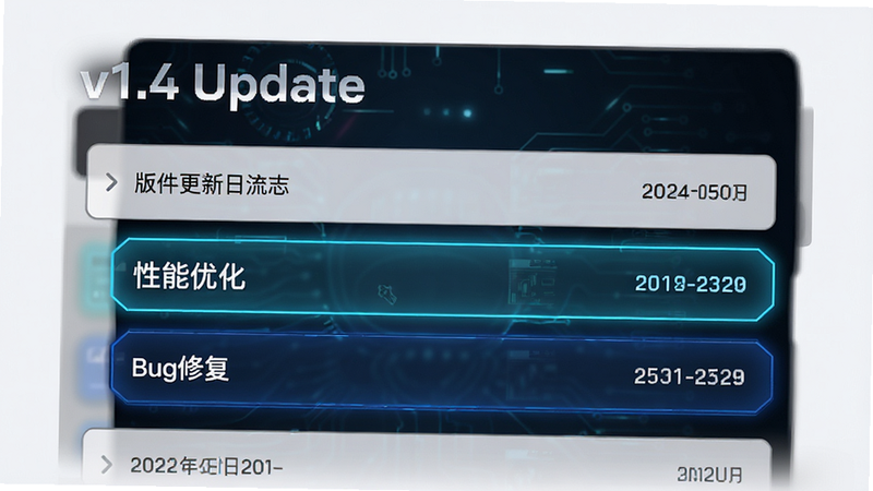 版本更新日志界面,主体为软件更新说明列表,高亮显示“性能优化”与“Bug修复”条目,布局纵向排列,排版简洁,风格为科技感列表设计,细节展示日期与版本号,画质清晰,干净背景,无多余装饰,文字“v1.4 Update”作为标题,字体醒目