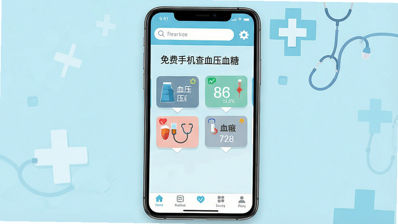 ����Ϊ�ֻ���Ļ���棬��ʾ������ֻ���ѪѹѪ�ǡ�APP�����棬����Ϊ���µ�ǳ��ɫҽ�Ʒ�񣬲��ּ�࣬������������������ͼ�꣬�м���ʾѪѹѪ����ֵ��Ƭ���ײ��е�����������ƽ����ϸ�����������ʸ��壬�ɾ����޶���Ԫ�أ����֡�����ֻ���ѪѹѪ�ǡ������ɼ�