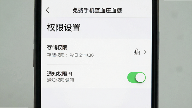 ����Ϊ�ֻ����ý����ͼ��չʾ������ֻ���ѪѹѪ�ǡ�APP��Ȩ������ҳ�棬������ɫ�������б�ʽ������࣬ϸ��չʾ���洢Ȩ�ޡ�����֪ͨȨ�ޡ����أ����ʸ��壬�ɾ����޶���Ԫ�أ����֡�Ȩ�����á������ɼ�