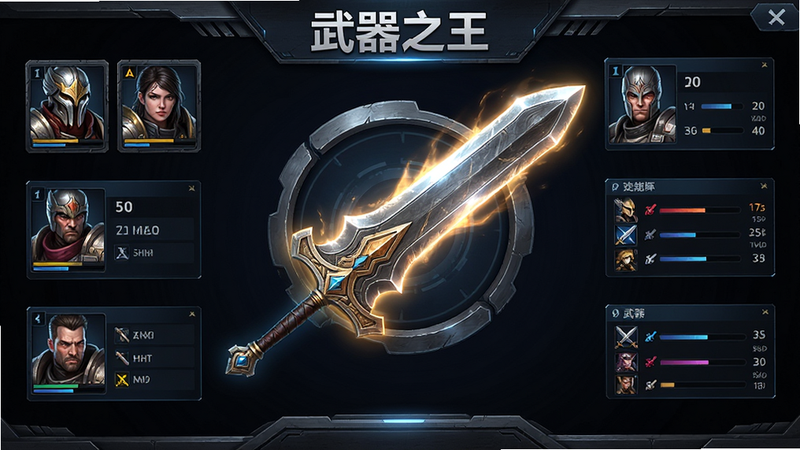 主体为“武器之王”游戏主界面,布局采用中心对称式设计,中央展示一把发光的传奇大剑,周围环绕着角色头像与战斗数据面板,排版整洁有序,风格为科幻写实风,细节处展现金属质感与光影特效,画质高清,干净,无多余元素