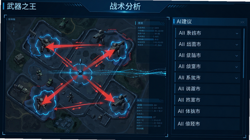 主体为“武器之王”战术分析界面,布局左侧为战场地图,右侧为AI建议列表,显示红色箭头指示最佳移动路径,排版专业严谨,风格为科技蓝调,细节处有数据流动效果,画质高清,干净,无多余元素