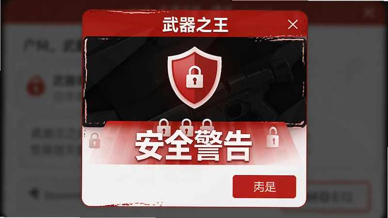 主体为“武器之王”账号安全提示弹窗,布局为居中对话框,显示盾牌图标与“安全警告”文字,排版醒目,风格为警示红白配色,细节处有锁形图案,画质清晰,干净,无多余元素