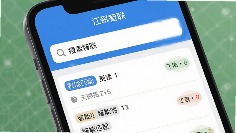 手机界面特写,展示“江智联”APP内的搜索框和匹配结果列表,布局为上下结构,搜索框在顶部,列表在下方,风格扁平化,细节显示数据标签,画质清晰,干净,无多余元素,文字内容为“智能匹配”