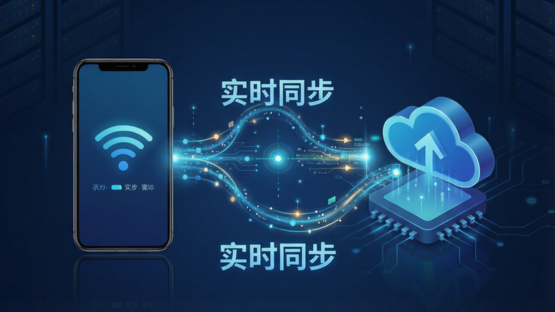 展示数据同步过程的示意图,主体为手机与云端图标连接,布局居中,排版对称,风格科技感强,细节显示数据流动的光效,画质高清,干净,无多余元素,文字内容为“实时同步”