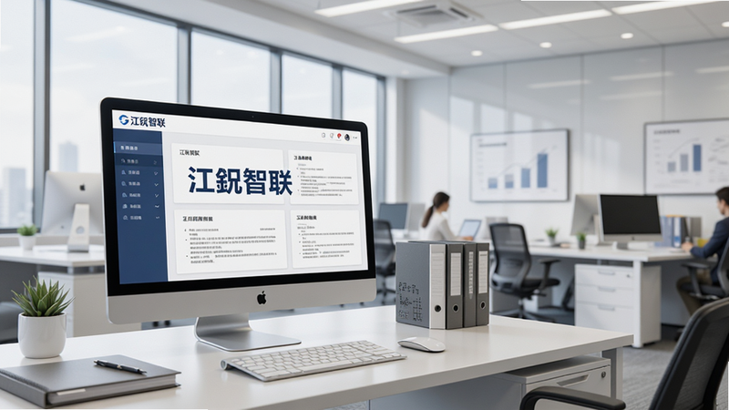 企业办公场景概念图,主体为现代化办公室一角,展示电脑屏幕上的“江智联”界面,布局开阔,排版有序,风格商务专业,细节显示文档与设备,画质高清,干净,无多余元素,文字内容为“江西智联”