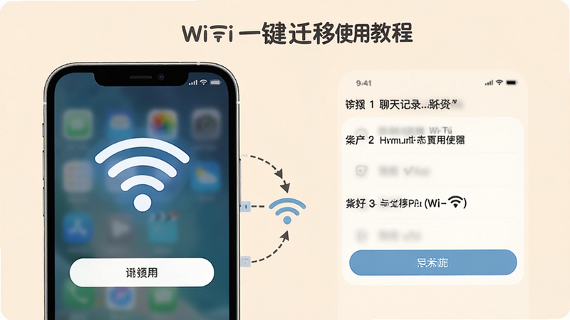 ΢�����¼һ��Ǩ��ʹ�ý̳̲�ͼ��չʾ�ֻ�����Wi-Fi�Ĳ��裬��Ļ�������Ե�Wi-Fiͼ������ð�ť������Ϊ��͵���ɫ������Ϊ�ֻ��������棬�����������Ű沽�軯����������Ѻã�ϸ��׼ȷ�������������ɾ����