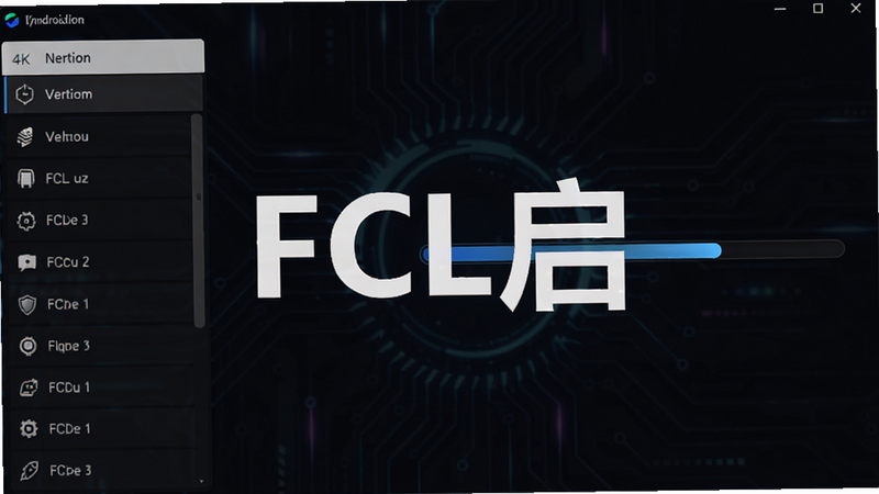 FCL启 启动器安卓版主界面全屏展示,深色科技风格背景,左侧显示版本列表菜单,右侧为游戏加载进度条,中央悬浮显示白色文字'FCL启',界面简洁现代,高清渲染,无多余水印,4k分辨率,干净构图