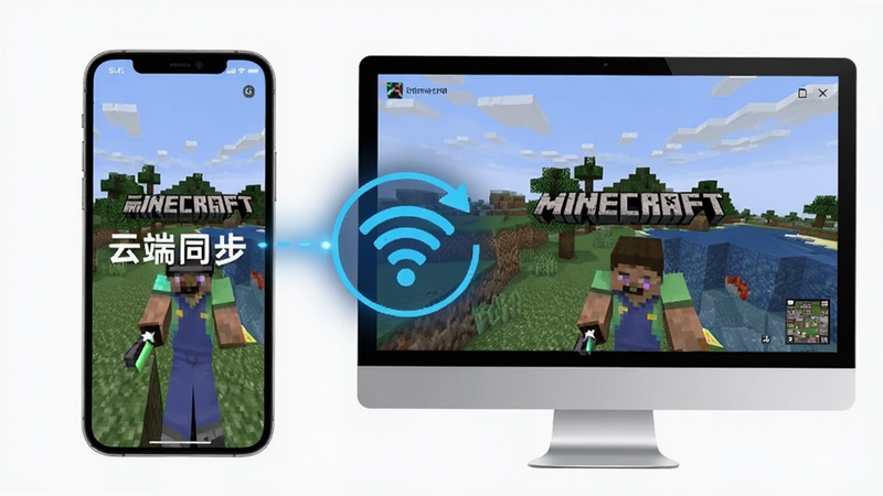 手机屏幕与电脑屏幕并列展示,中间有无线同步图标连接,两侧均显示 Minecraft 游戏界面,文字标注'云端同步',科技感蓝色光效,极简主义风格,高清晰度,无杂乱元素