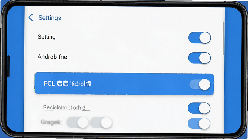 FCL启 安卓版 界面预览图,显示设置页面,包含各种开关选项,蓝色主题色,白色文字,简洁现代 UI 设计,高清渲染,无水印,4k 质量