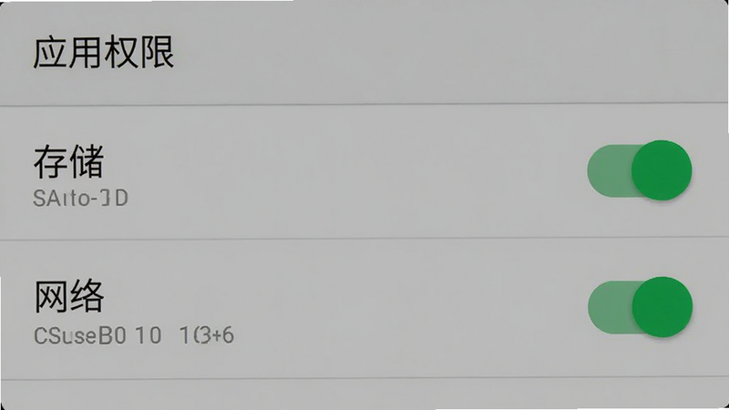 手机设置界面截图,显示'应用权限'列表,'存储'和'网络'权限开关均为绿色开启状态,背景为安卓系统默认灰色风格,文字清晰,简洁布局,无其他干扰元素,高清屏幕录制效果