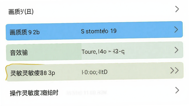 手机游戏设置界面截图,显示画质、音效、操作灵敏度等选项,界面简洁清晰,白色背景,黑色文字,重点选项高亮显示,UI设计规范,无广告,干净整洁