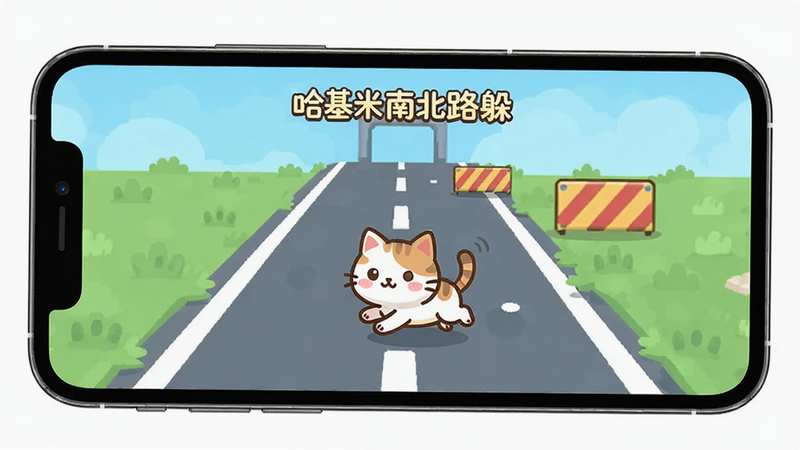 主体是手机屏幕界面展示游戏画面,布局为竖屏全屏显示,排版简洁,风格为清新卡通扁平化,细节显示一只可爱的猫咪角色在道路上奔跑,背景有简单的道路标线和障碍物,画质高清,干净,无多余元素,文字包含“哈基米南北路躲”