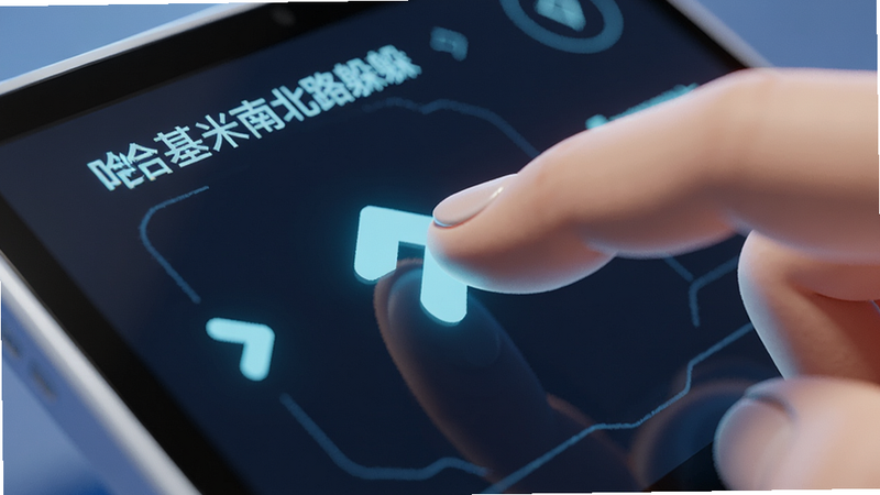 主体为手指在触摸屏上滑动的特写,布局为特写镜头,排版聚焦于手指与屏幕接触点,风格为现代科技感与卡通结合,细节显示屏幕上有简单的箭头指示,画质清晰,干净,无多余元素,文字包含“哈基米南北路躲”