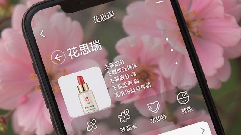 手机屏幕特写,显示“花思瑞”APP内的产品详情页,背景为虚化的粉色花朵,界面清晰展示产品名称、主要成分列表及功效图标,文字清晰可读,排版整齐,风格现代简约,画质细腻