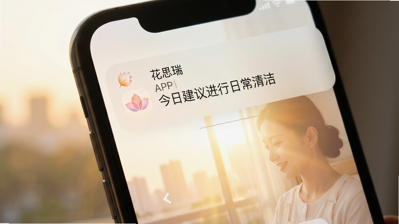 手机通知栏界面展示,显示“花思瑞”APP发送的护理提醒消息,背景为柔和的晨光,界面设计简洁,突出提醒内容“今日建议进行日常清洁”,图标为精致的花瓣形状,风格温馨,画质清晰,无杂乱背景