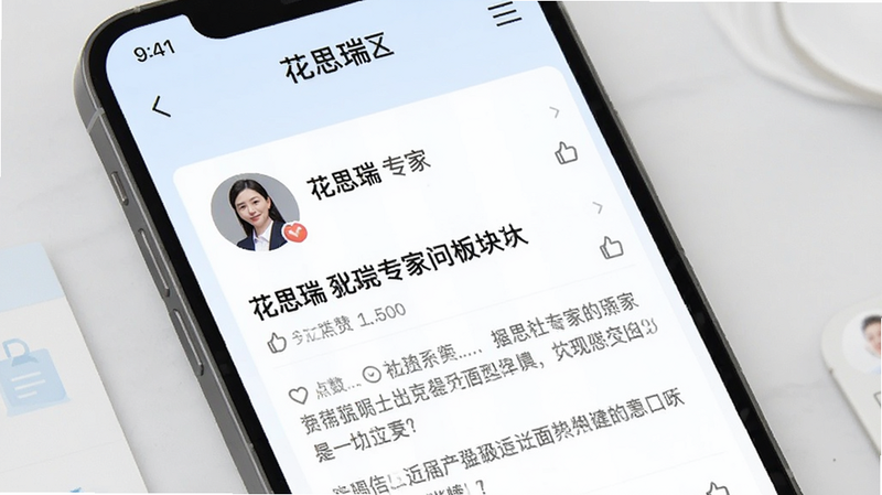 手机APP社区界面,显示“花思瑞”专家问答板块,背景为淡蓝色调,界面包含专家头像、文章标题及点赞数,布局条理清晰,字体易读,风格专业可信,画质高,无广告干扰