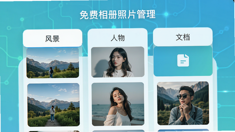 展示“免费相册照片管理”APP的智能分类功能界面,采用卡片式布局,上方有三个主要标签“风景”、“人物”、“文档”,下方对应显示相应的缩略图,界面色调清新,突出科技感,文字标注清晰,高保真UI设计