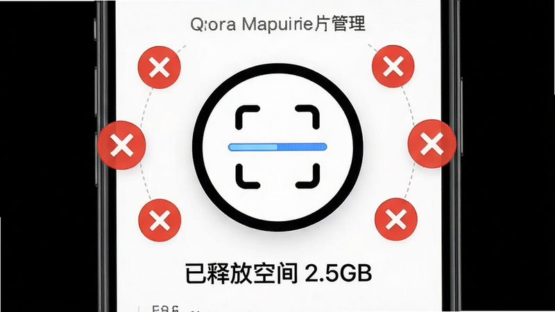 “免费相册照片管理”APP的清理界面展示,屏幕中央有一个醒目的圆形扫描图标,周围环绕着代表删除文件的叉号图标,下方显示“已释放空间 2.5GB”的文字,背景简洁白色,强调数据可视化效果,现代简约风格