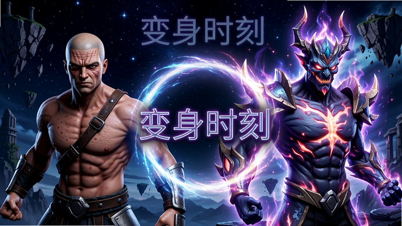 展示游戏内角色变身的过程,左侧是普通战士形象,右侧是充满魔力的幻魔形态,中间有巨大的能量光环连接,背景是深邃的星空与破碎的浮岛,风格为高对比度赛博朋克与奇幻混合,细节刻画皮肤毛孔与能量粒子,画质超清,文字