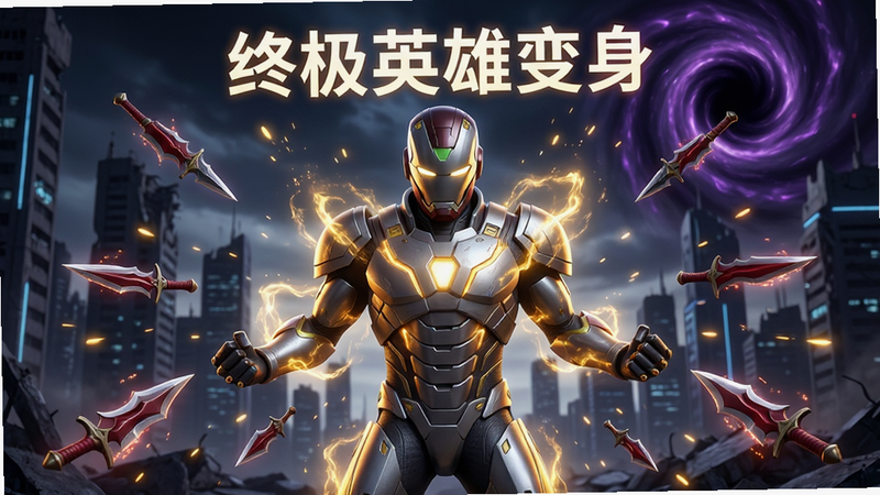 主体为一名身穿未来战斗装甲的英雄正在释放金色能量特效进行变身,背景是充满科技感的城市废墟与暗紫色魔法漩涡,布局采用中心对称构图,英雄占据画面中心C位,周围环绕着飞舞的吸血匕首与能量粒子,排版留白适度,风格为写实3D渲染结合二次元光影,细节展现装甲金属质感与能量流动纹理,画质8k高清,干净无多余元素,文字