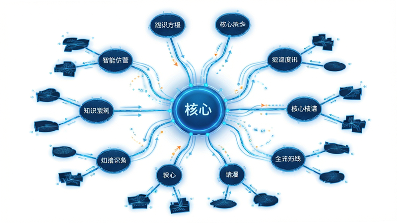 主体为智能知识图谱界面,布局呈网状结构,中心节点为核心概念,周围辐射出多个子节点,排版具有逻辑层次感,风格为科技感蓝色调,细节处有连线动画效果示意,画质高清,干净,无多余元素,背景纯白,节点文字清晰