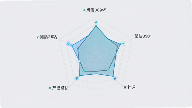 主体为素养评估雷达图界面,布局为中心对称结构,四周分布不同维度的评估指标,排版简洁明了,风格为商务简约风,细节处有数据动态更新效果,画质高清,干净,无多余元素,背景浅灰,图表线条流畅
