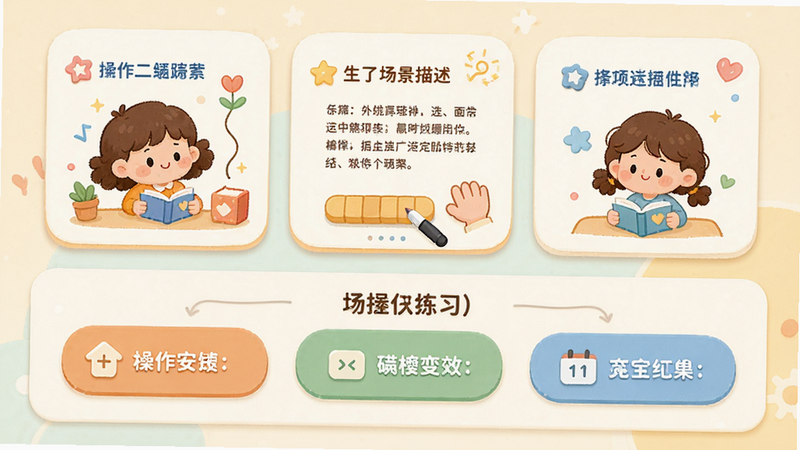 主体为场景化练习界面,布局为上下结构,上方为场景描述卡片,下方为操作按钮区,排版注重引导性,风格为温馨教育风,细节处有卡通插画点缀,画质高清,干净,无多余元素,背景柔和,色彩搭配和谐