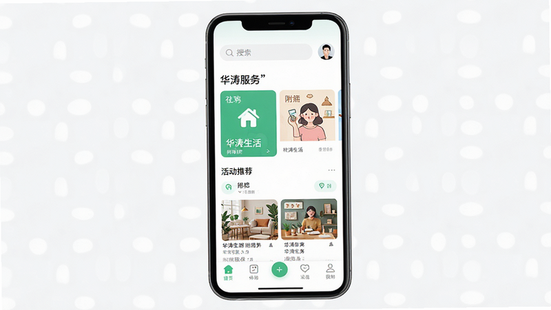 主体为智能手机屏幕展示华涛生活APP首页界面,布局清晰整洁,顶部显示搜索栏与用户头像,中部展示社区服务卡片与活动推荐,底部为导航栏,风格简约现代,细节处体现生活气息,文字加引号如“华涛生活”、“附近服务”,画质高清,干净无多余元素,无阴影干扰,正面视角拍摄
