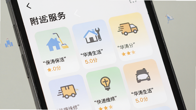 主体为手机界面展示“附近服务”板块,布局为网格状卡片,包含保洁、维修、快递等图标,排版整齐,风格扁平化,细节显示距离与评分,文字加引号如“华涛生活”、“5.0分”,画质清晰,色彩柔和,无杂乱背景,突出功能便捷性