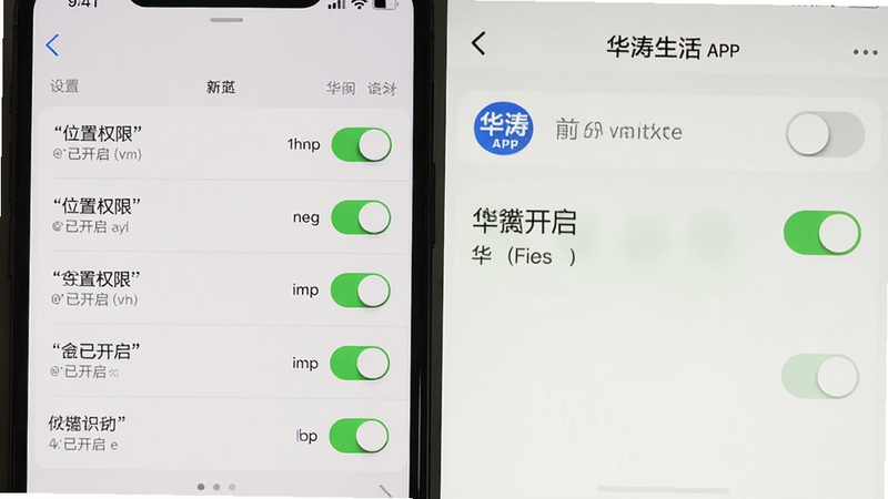 主体为手机设置界面与华涛生活APP权限管理页,布局为左右分栏,左侧显示权限列表,右侧显示当前状态,风格简洁,细节显示开关按钮,文字加引号如“位置权限”、“已开启”,画质清晰,无多余装饰,突出操作指引
