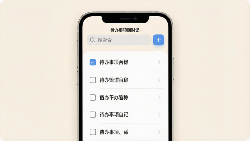 一张展示“待办事项随时记”APP主界面的高清截图,背景为柔和的米白色,界面中央显示一个简洁的待办事项列表,包含勾选框和文字条目,顶部有搜索栏和添加按钮,整体风格极简、扁平化,光影柔和,清晰度极高,无多余装饰元素