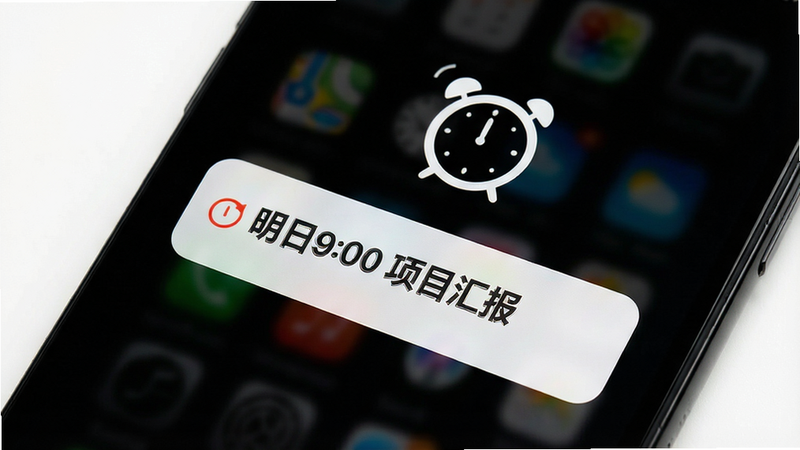 手机屏幕显示闹钟图标与“明日9:00 项目汇报”的文字提醒弹窗,背景为深色模式,强调通知的醒目与及时性,风格现代简约,高对比度,清晰锐利