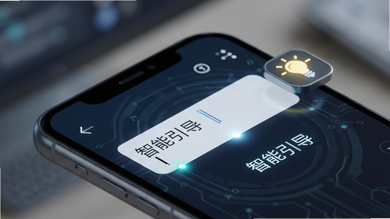 等距视角,主体为手机界面特写,屏幕显示文本输入框,光标闪烁,旁边有灯泡图标表示智能提示,背景虚化,布局聚焦于输入区域,排版紧凑,风格科技感,细节有光效,文字显示“智能引导”,高清,干净,无多余元素