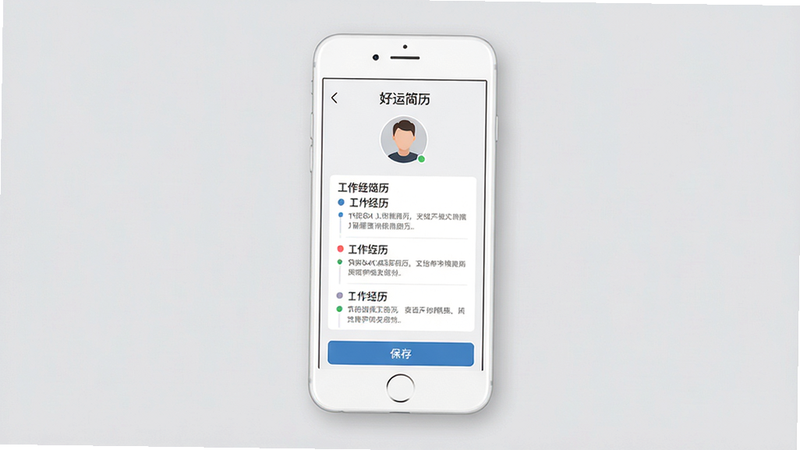 高清写实风格,主体为一部白色智能手机,屏幕居中显示“好运简历”APP界面,界面包含个人头像、工作经历模块及底部“保存”按钮,背景为浅灰色纯色,布局简洁,排版清晰,风格现代简约,细节丰富,文字清晰可见,4k画质,干净,无多余元素